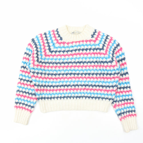 Zara Womens White Mock Neck Geometric Acrylic Pullover Jumper Size S