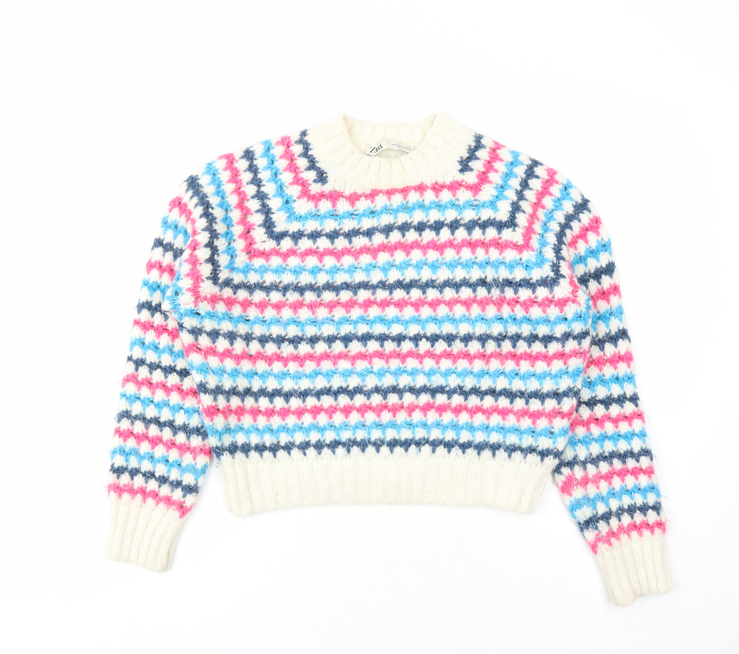 Zara Womens White Mock Neck Geometric Acrylic Pullover Jumper Size S