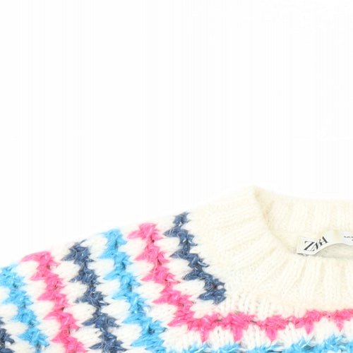 Zara Womens White Mock Neck Geometric Acrylic Pullover Jumper Size S