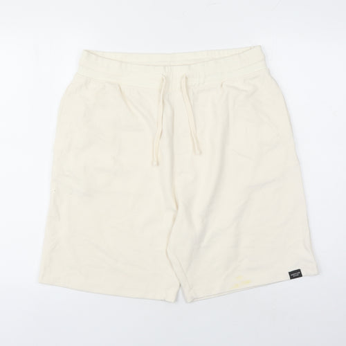 Zara Mens Ivory Cotton Sweat Shorts Size XL L6 in Regular Drawstring - Elasticated Waist
