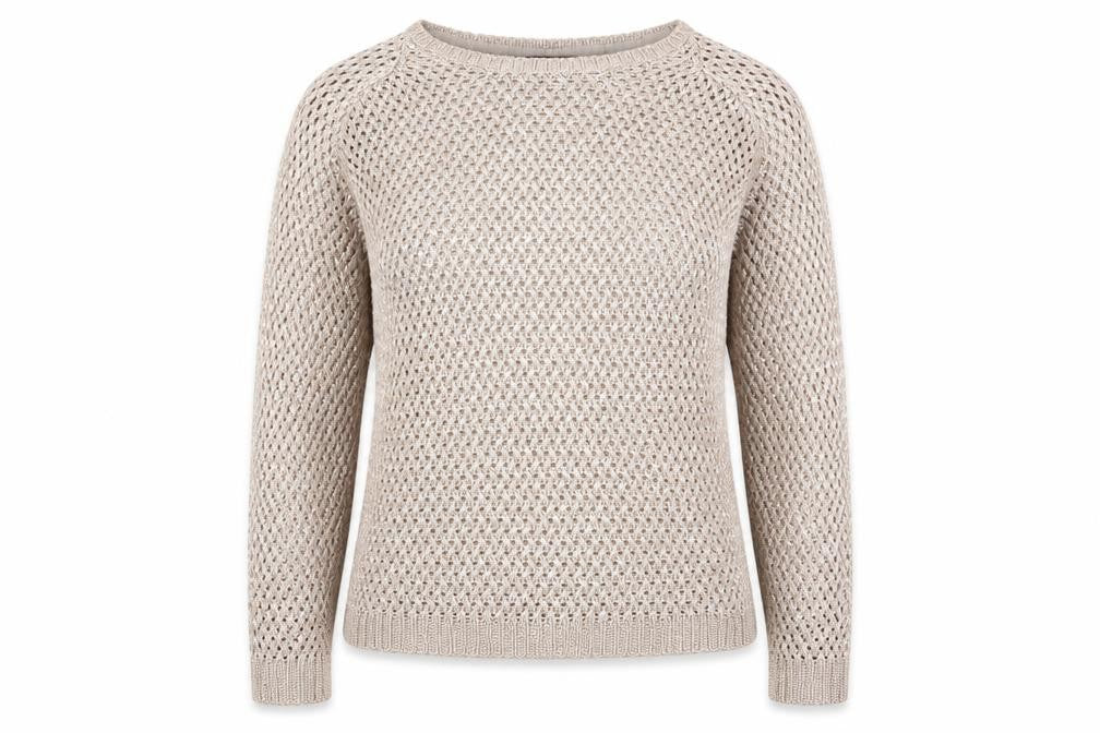 Front view of Marks & Spencer women’s brown round neck acrylic jumper, size UK 10