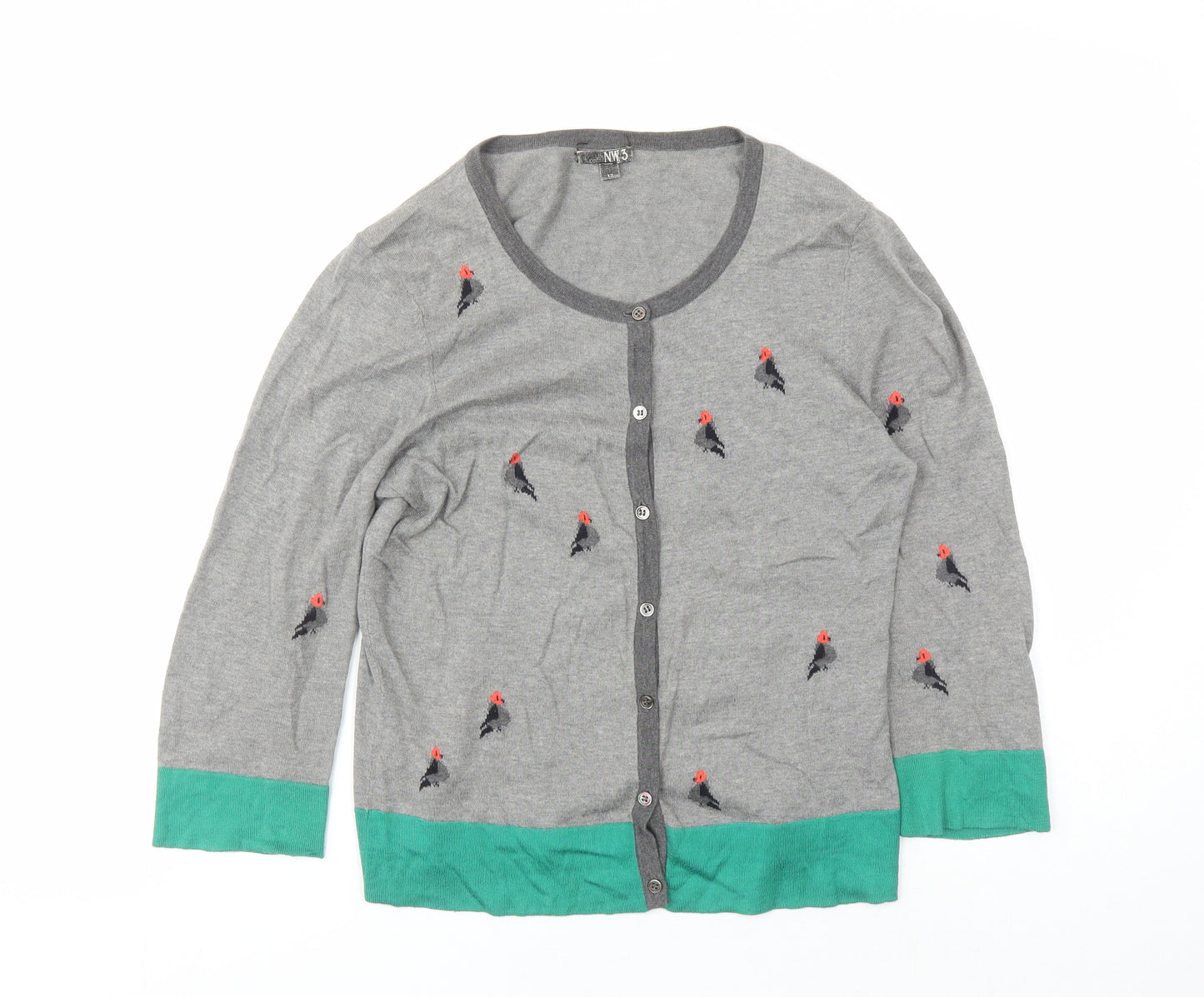 NW3 Womens Grey Round Neck 100% Cotton Cardigan Jumper Size 12 - Robin Pattern