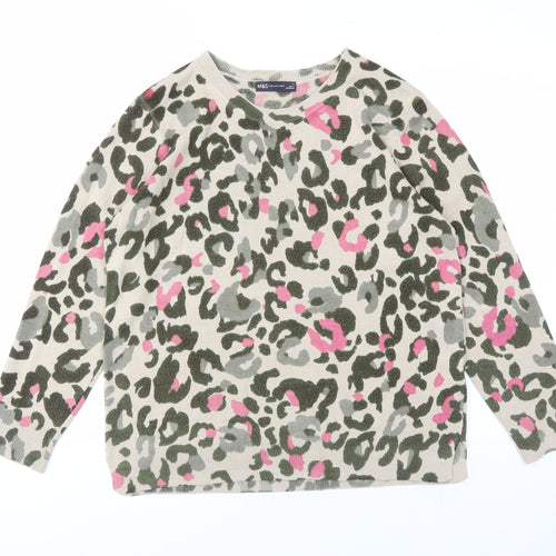 Marks and Spencer Womens Brown Round Neck Animal Print Acrylic Pullover Jumper Size 14 - Leopard Pattern