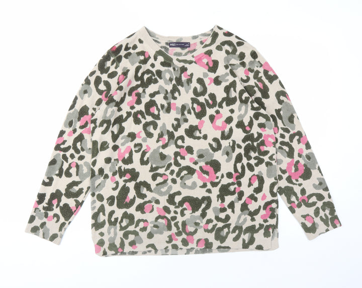 Marks and Spencer Womens Brown Round Neck Animal Print Acrylic Pullover Jumper Size 14 - Leopard Pattern