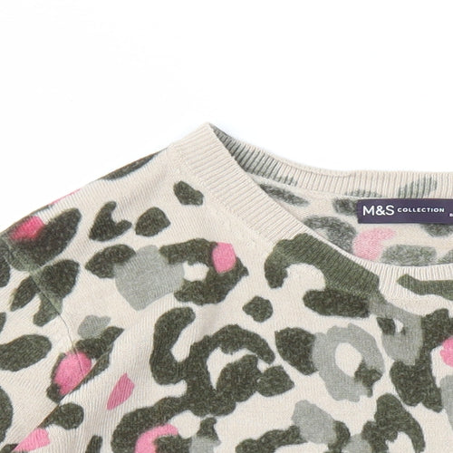 Marks and Spencer Womens Brown Round Neck Animal Print Acrylic Pullover Jumper Size 14 - Leopard Pattern