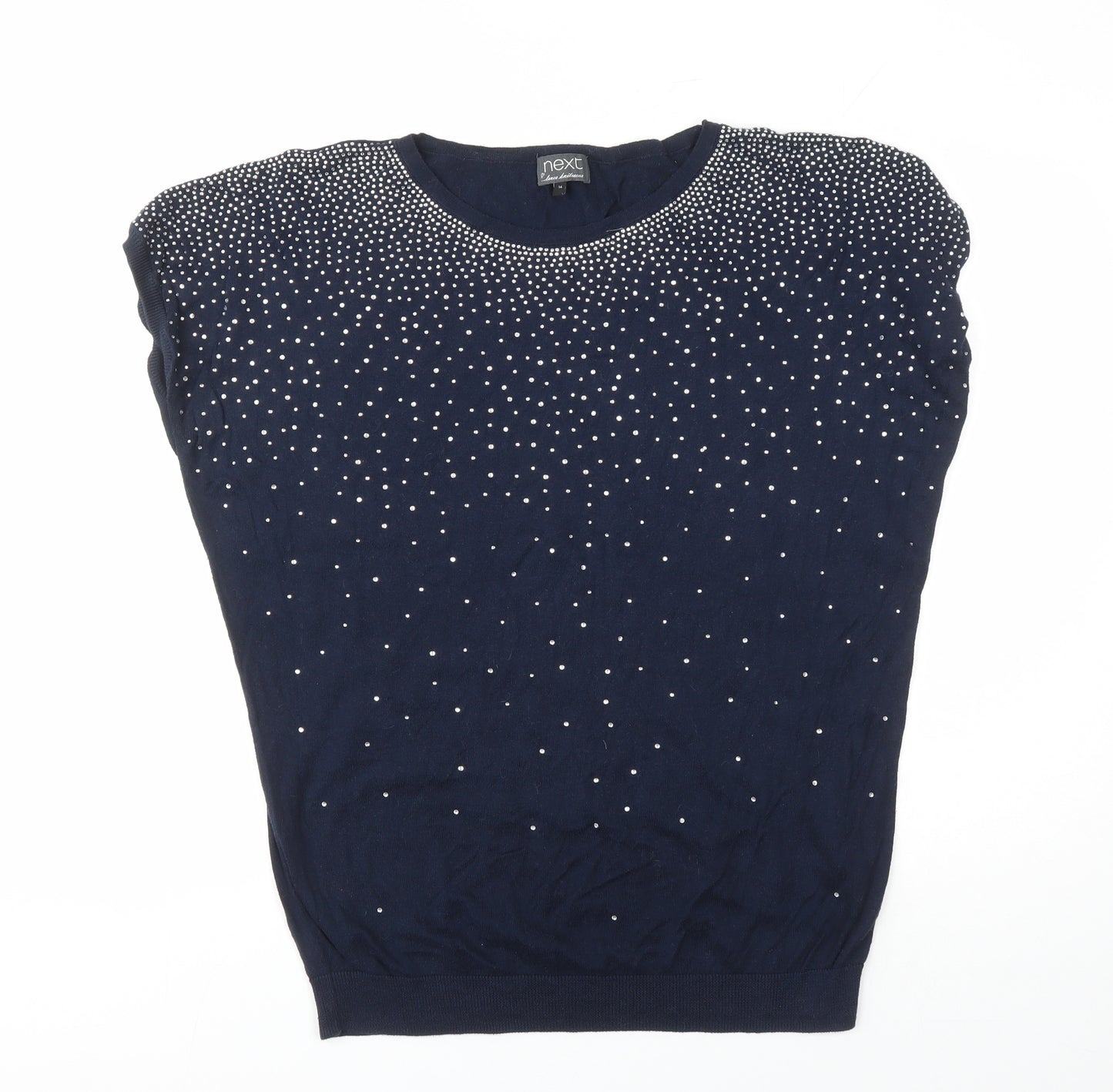 NEXT Womens Blue Round Neck 100% Cotton Pullover Jumper Size 14 - Rhinestone Detail
