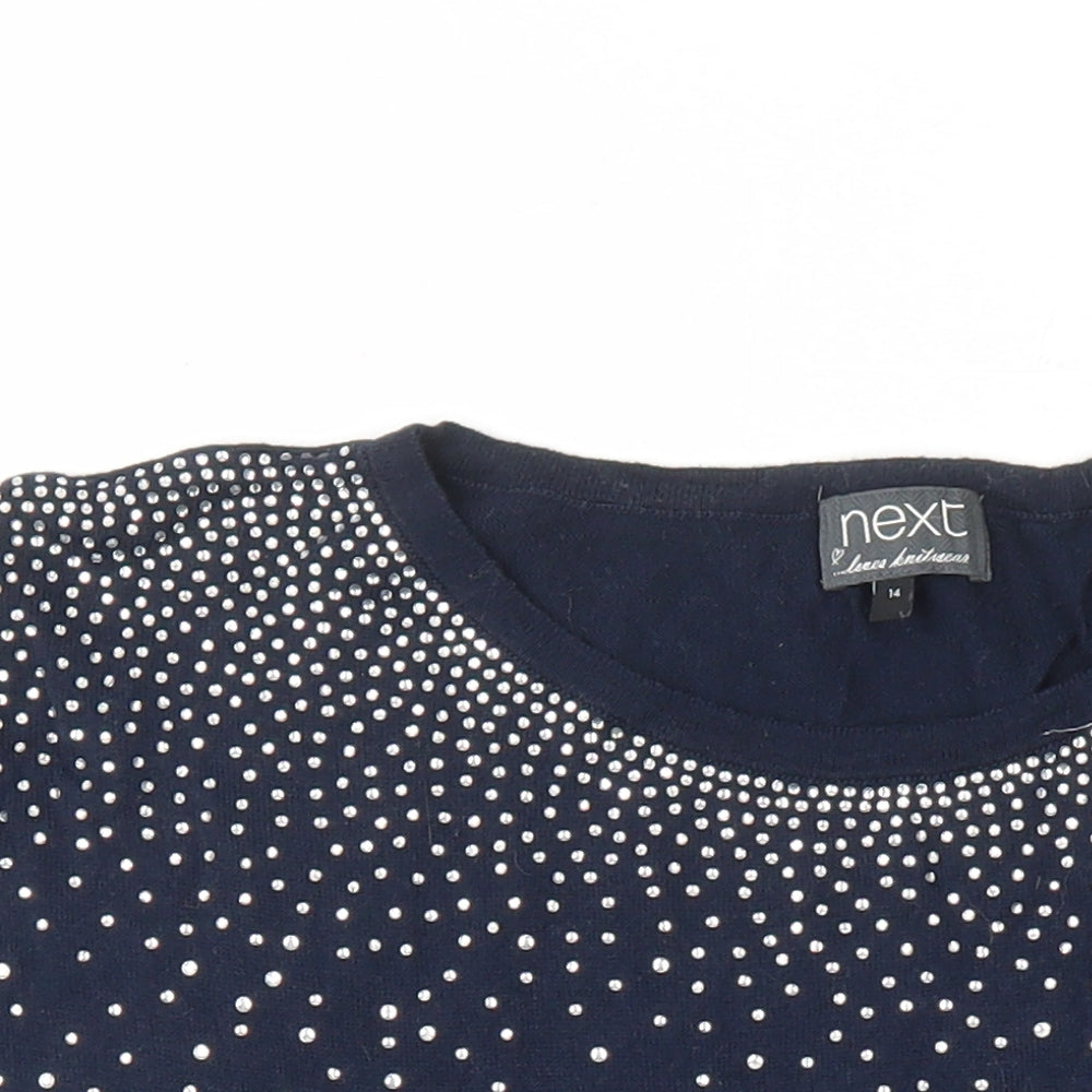 NEXT Womens Blue Round Neck 100% Cotton Pullover Jumper Size 14 - Rhinestone Detail