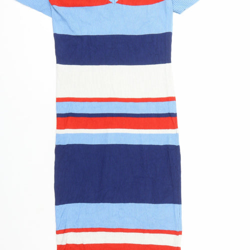 Amisu Womens Blue Colourblock Polyester Jumper Dress Size 14 V-Neck Pullover