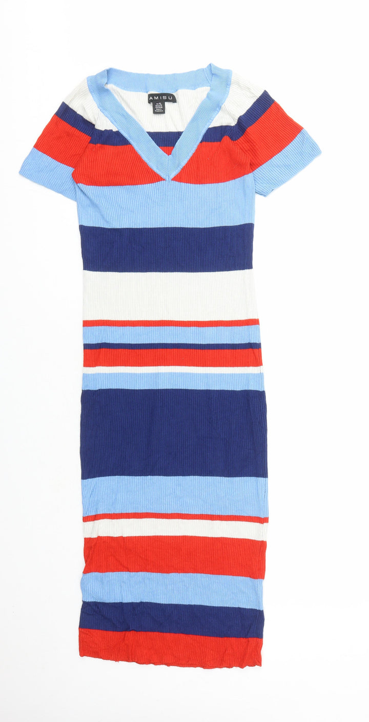 Amisu Womens Blue Colourblock Polyester Jumper Dress Size 14 V-Neck Pullover