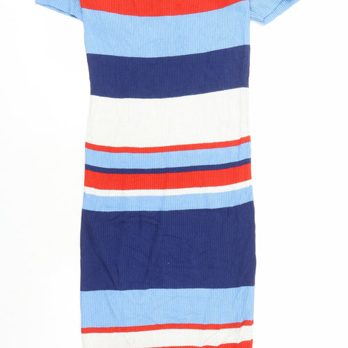 Amisu Womens Blue Colourblock Polyester Jumper Dress Size 14 V-Neck Pullover