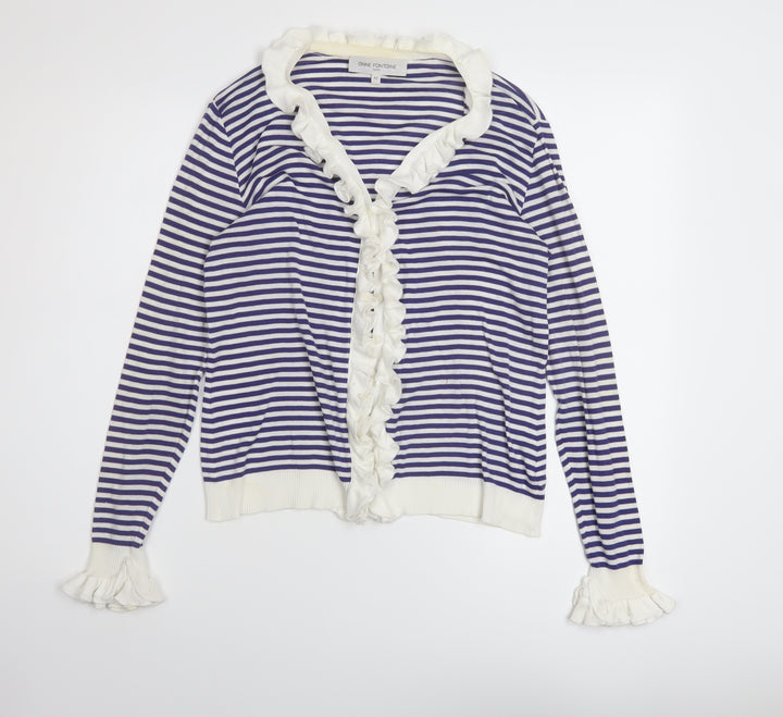 Anne Fontaine Womens Blue V-Neck Striped Cotton Cardigan Jumper Size 14
