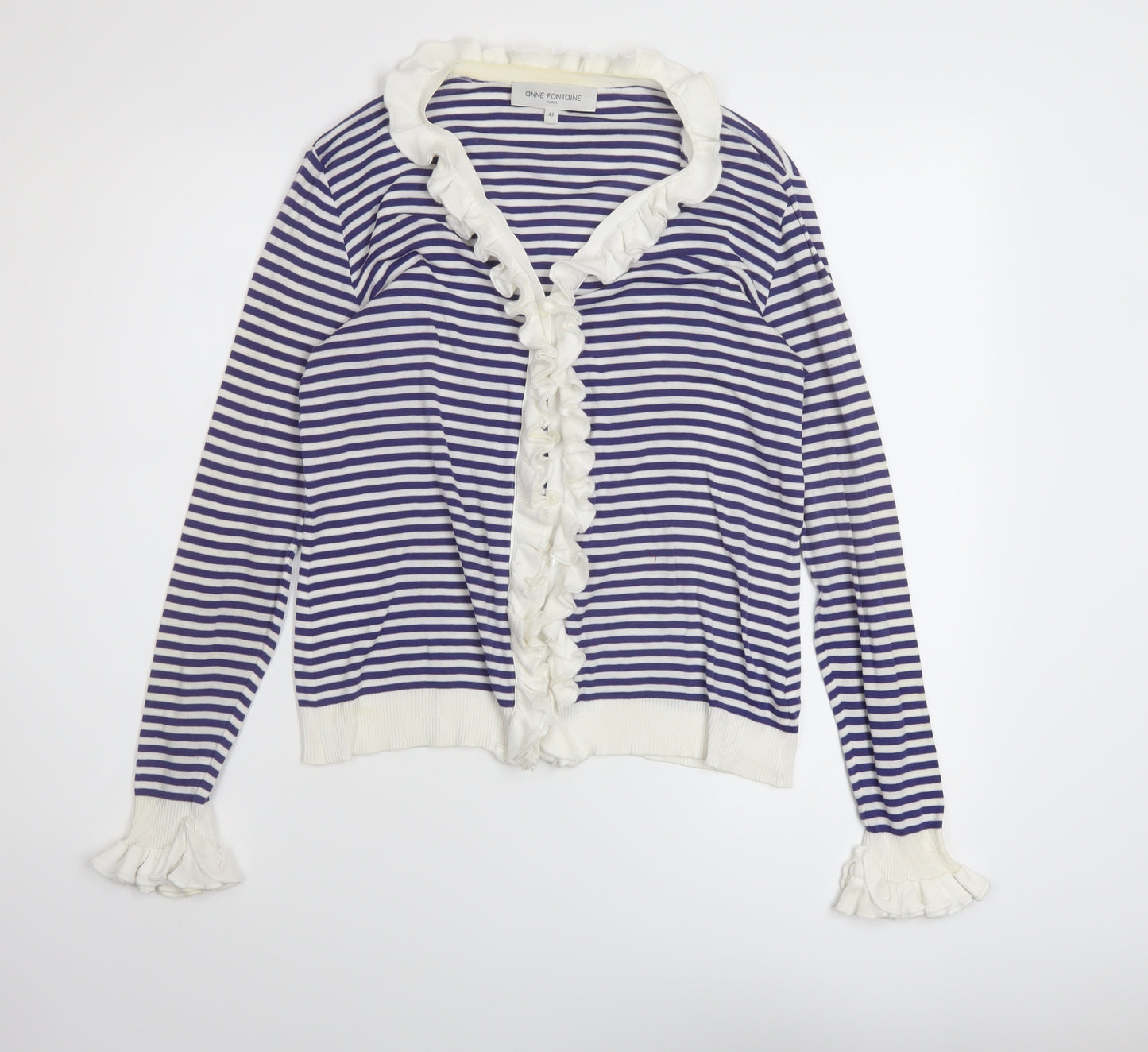 Anne Fontaine Womens Blue V-Neck Striped Cotton Cardigan Jumper Size 14