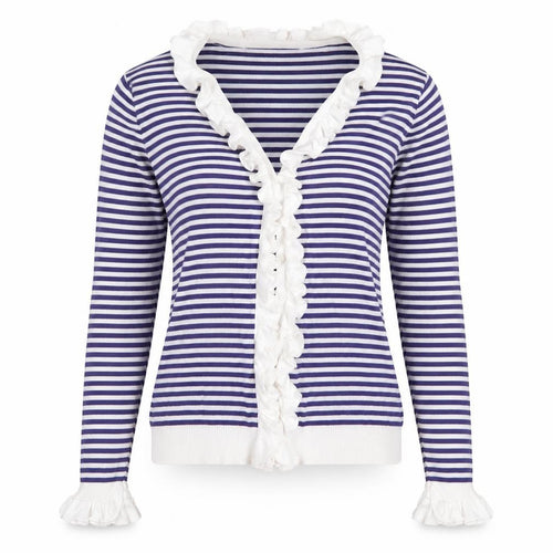 Anne Fontaine Womens Blue V-Neck Striped Cotton Cardigan Jumper Size 14