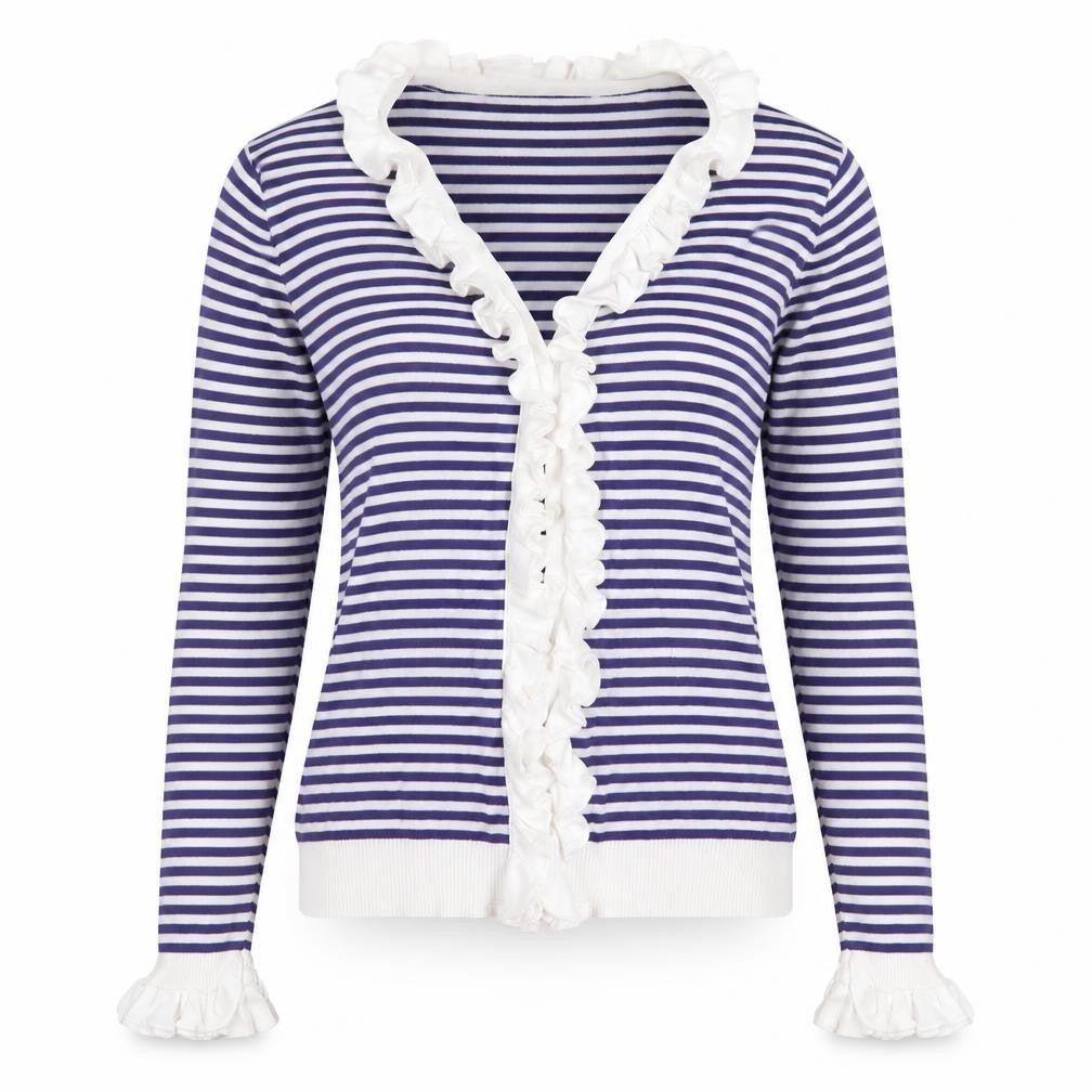 Anne Fontaine Womens Blue V-Neck Striped Cotton Cardigan Jumper Size 14