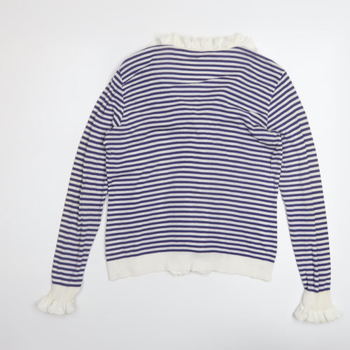 Anne Fontaine Womens Blue V-Neck Striped Cotton Cardigan Jumper Size 14