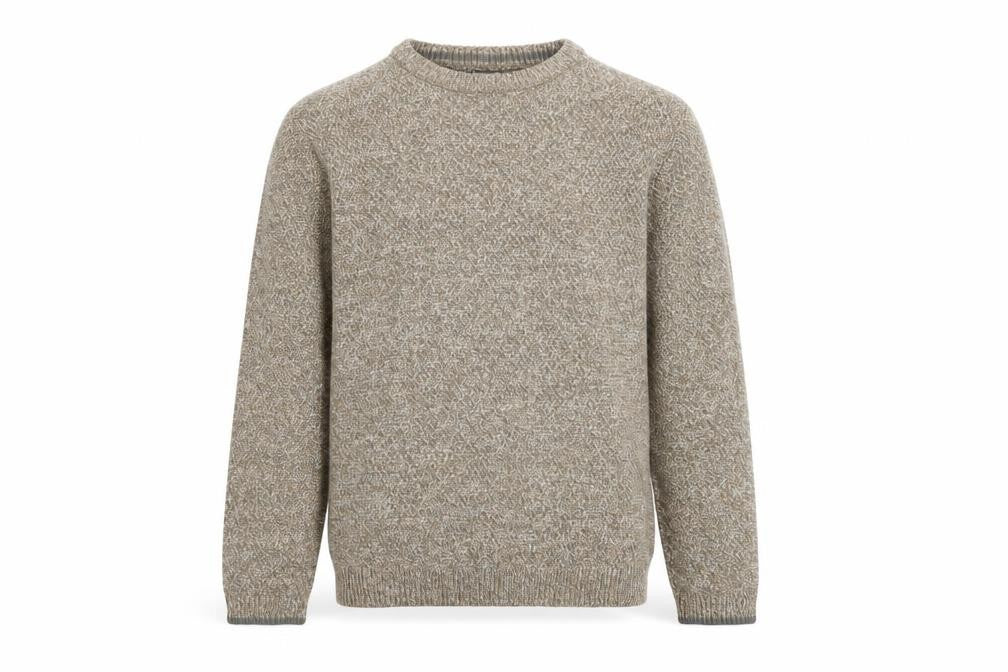 Front view of River Island men’s beige crew neck acrylic jumper, size S, long sleeve