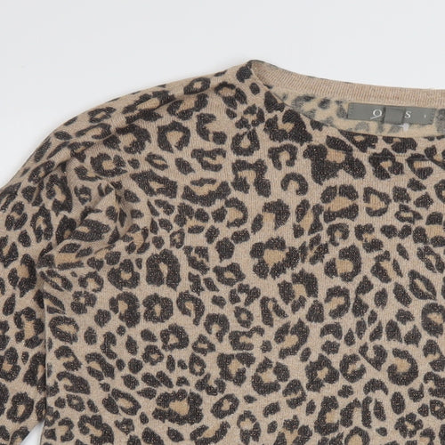 Oasis Womens Beige Round Neck Animal Print Viscose Pullover Jumper Size S