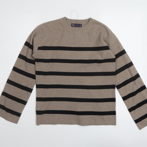 Marks and Spencer Womens Brown Crew Neck Striped Cotton Pullover Jumper Size S