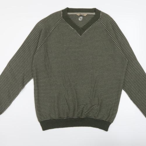 Fat Face Mens Green V-Neck Striped Wool Pullover Jumper Size M Long Sleeve