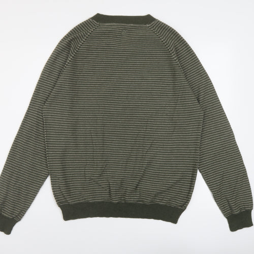 Fat Face Mens Green V-Neck Striped Wool Pullover Jumper Size M Long Sleeve
