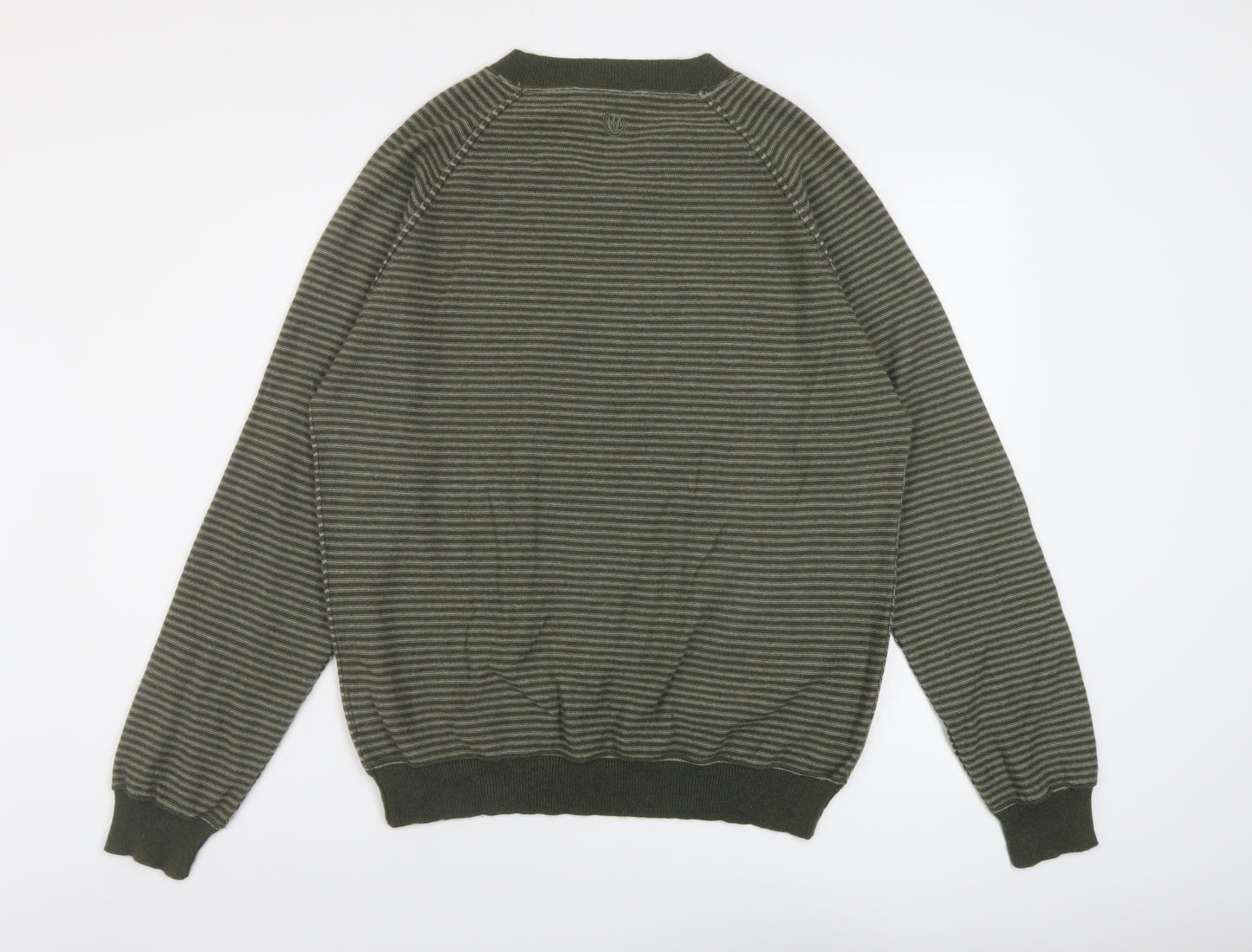 Fat Face Mens Green V-Neck Striped Wool Pullover Jumper Size M Long Sleeve