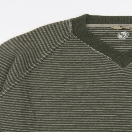 Fat Face Mens Green V-Neck Striped Wool Pullover Jumper Size M Long Sleeve