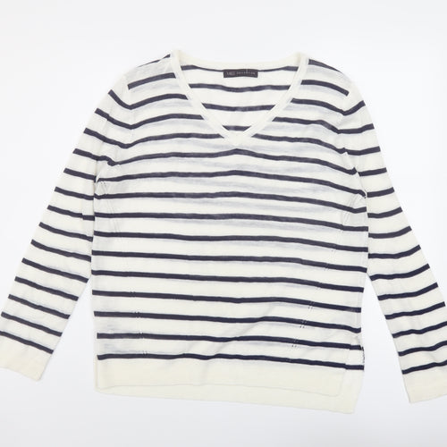 Marks and Spencer Womens Ivory V-Neck Striped Acrylic Pullover Jumper Size 14