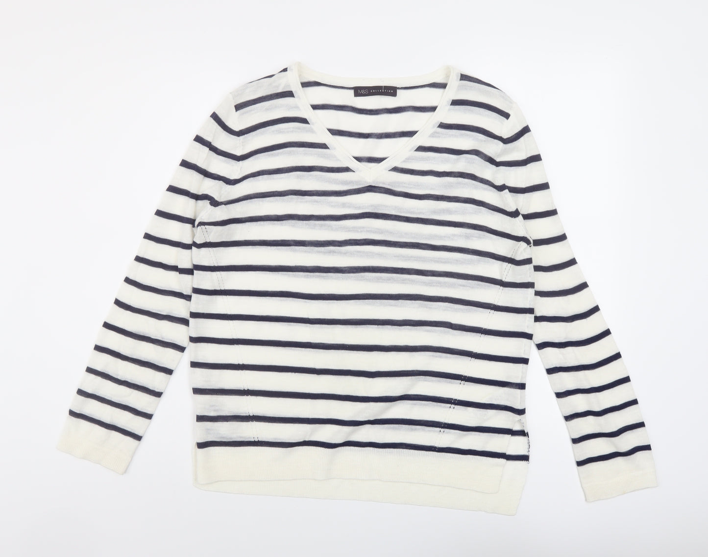 Marks and Spencer Womens Ivory V-Neck Striped Acrylic Pullover Jumper Size 14