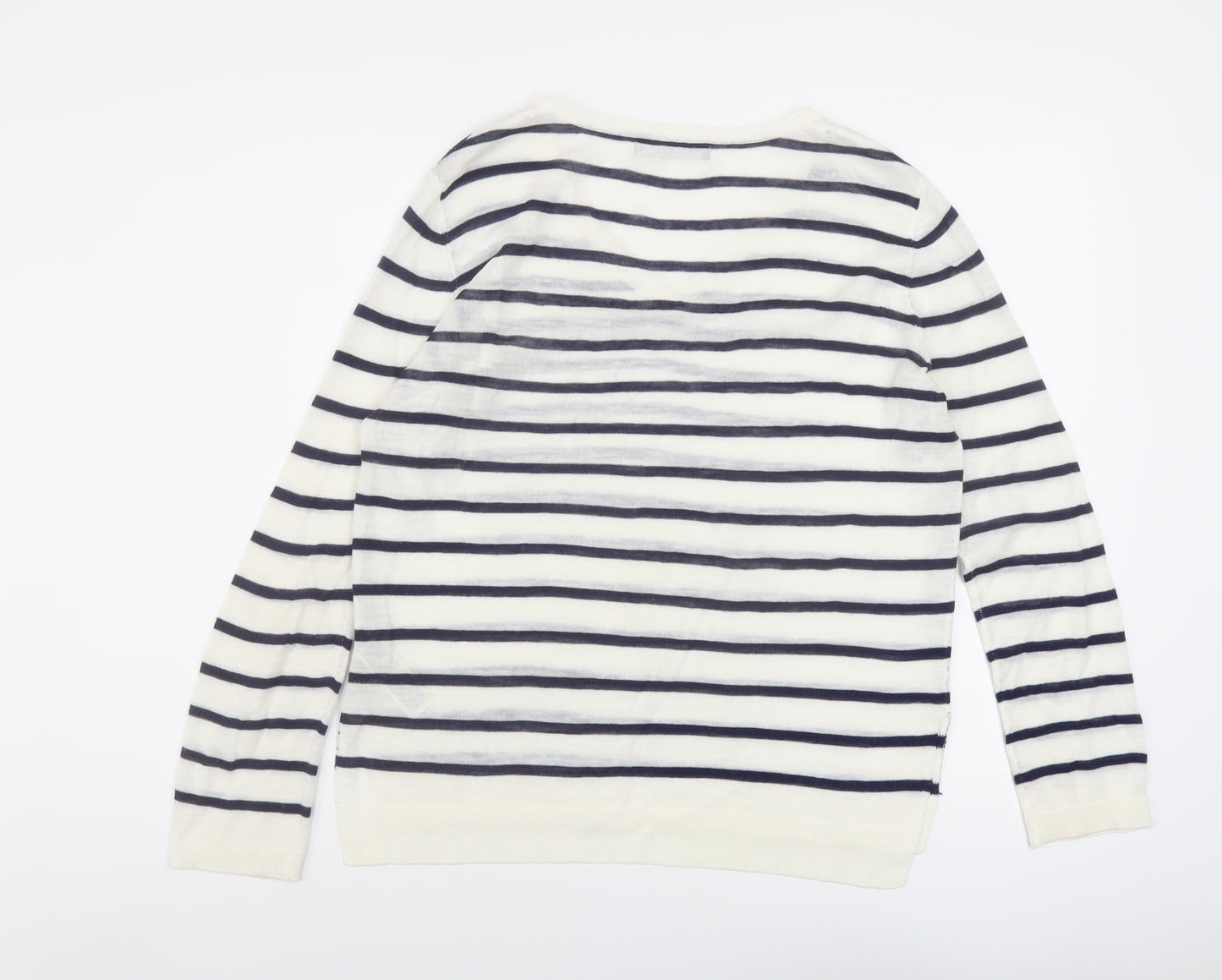 Marks and Spencer Womens Ivory V-Neck Striped Acrylic Pullover Jumper Size 14