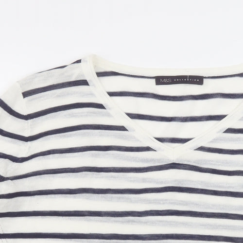 Marks and Spencer Womens Ivory V-Neck Striped Acrylic Pullover Jumper Size 14