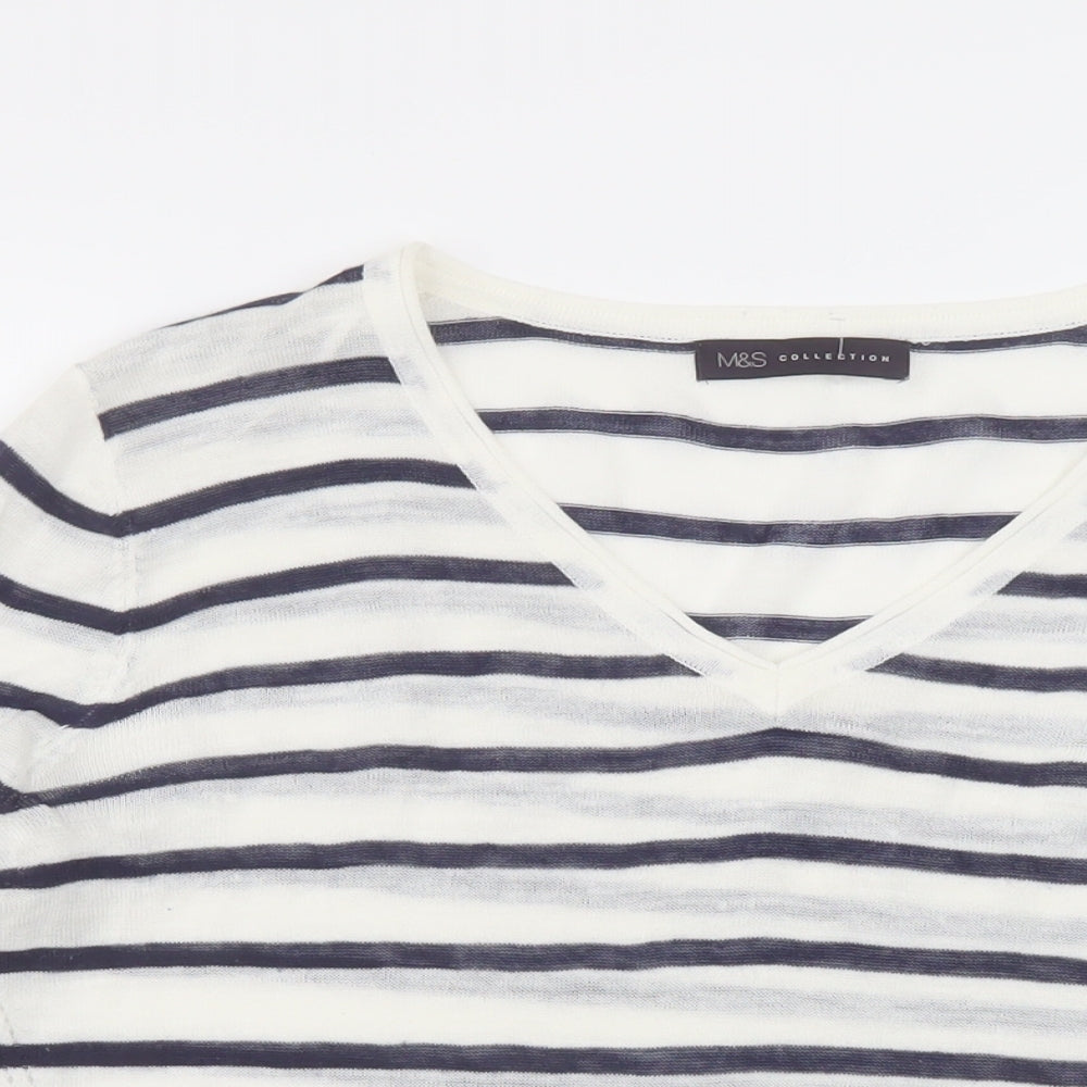 Marks and Spencer Womens Ivory V-Neck Striped Acrylic Pullover Jumper Size 14