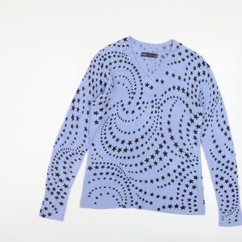Marks and Spencer Womens Blue V-Neck Geometric Acrylic Pullover Jumper Size 8