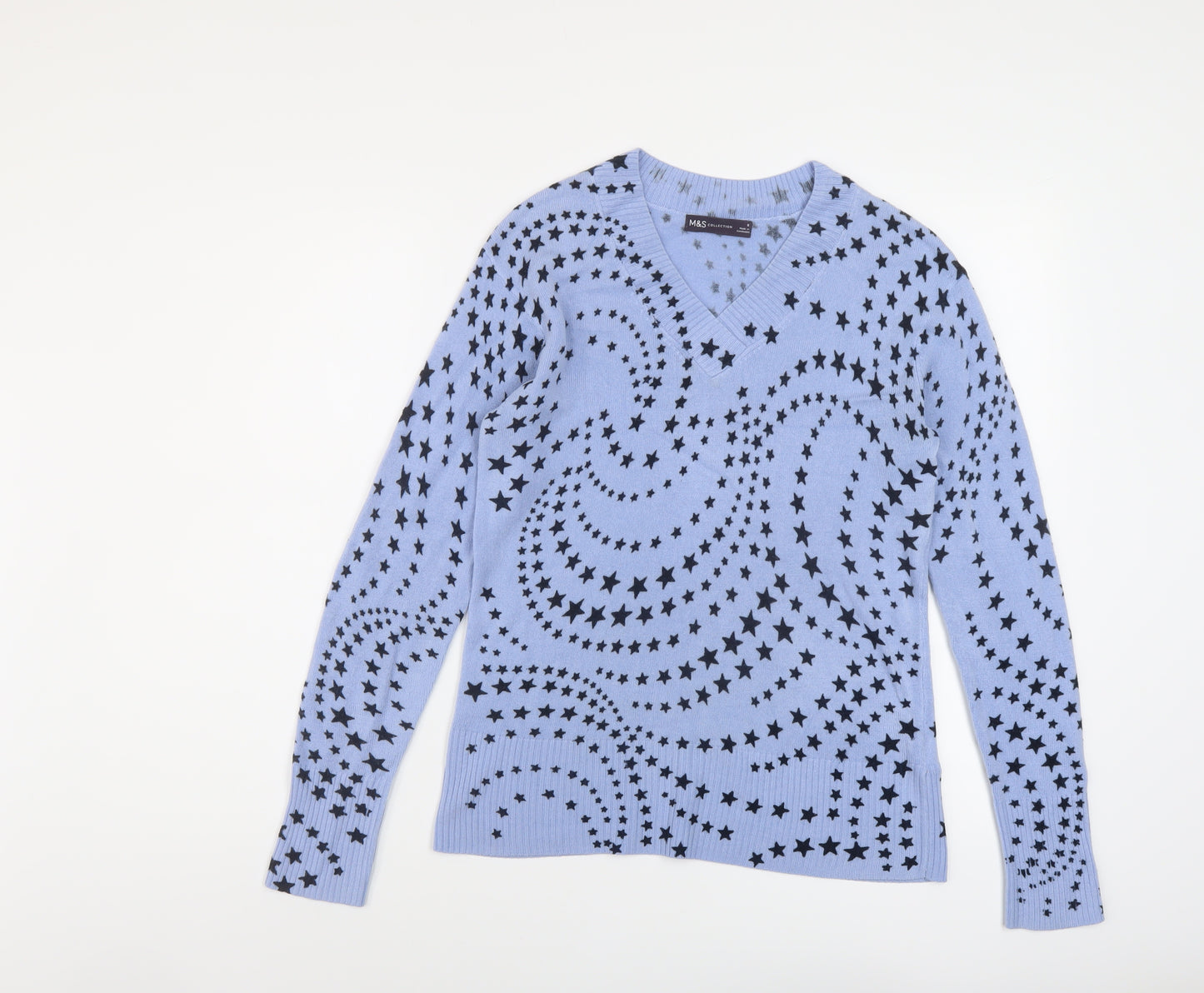 Marks and Spencer Womens Blue V-Neck Geometric Acrylic Pullover Jumper Size 8