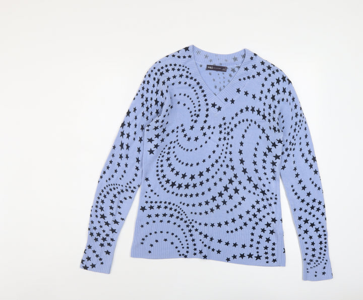 Marks and Spencer Womens Blue V-Neck Geometric Acrylic Pullover Jumper Size 8