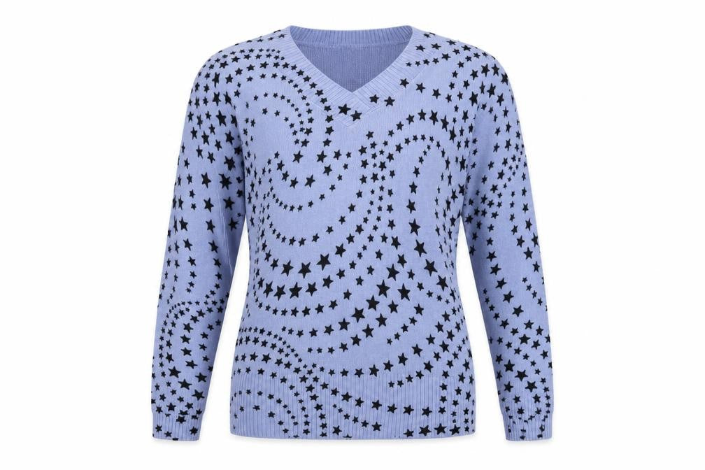 Front view of Marks & Spencer women’s blue v-neck geometric acrylic jumper, size UK 8