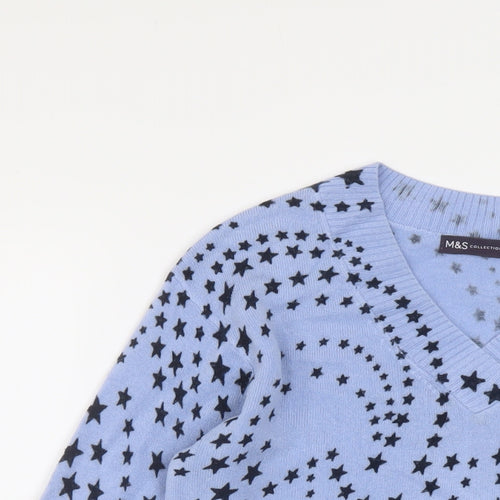 Marks and Spencer Womens Blue V-Neck Geometric Acrylic Pullover Jumper Size 8