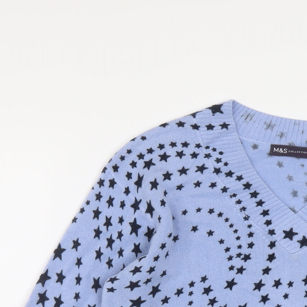 Marks and Spencer Womens Blue V-Neck Geometric Acrylic Pullover Jumper Size 8