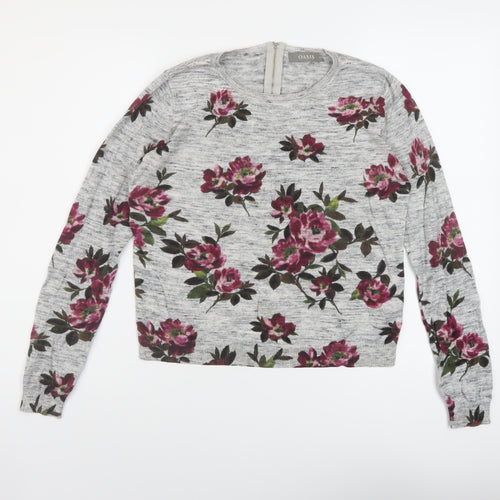 Oasis Womens Grey Round Neck Floral Cotton Pullover Jumper Size XS