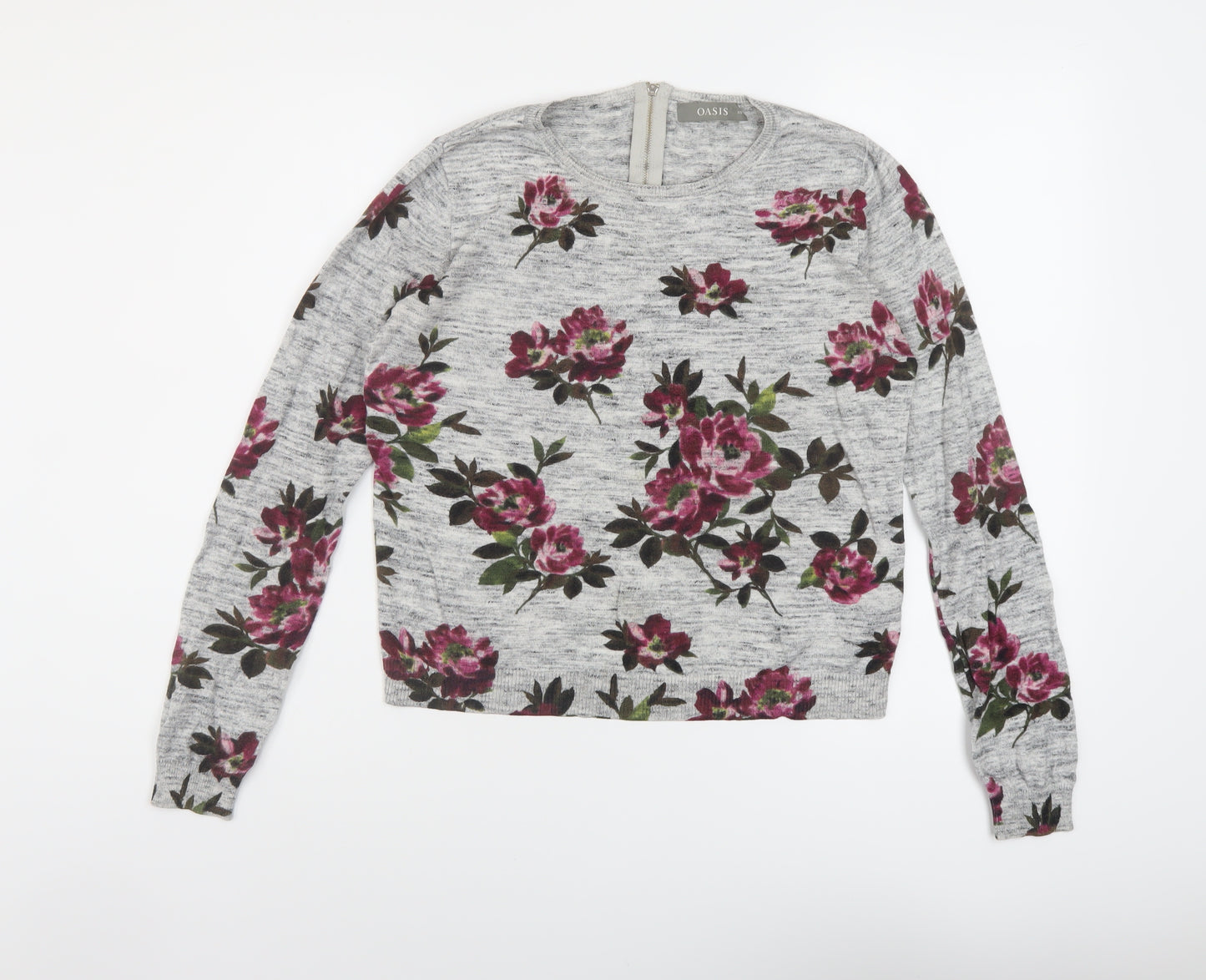 Oasis Womens Grey Round Neck Floral Cotton Pullover Jumper Size XS