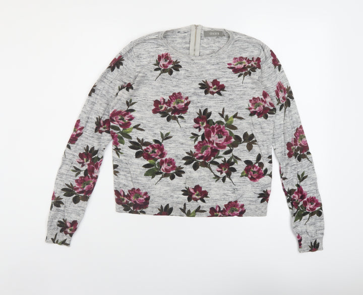 Oasis Womens Grey Round Neck Floral Cotton Pullover Jumper Size XS
