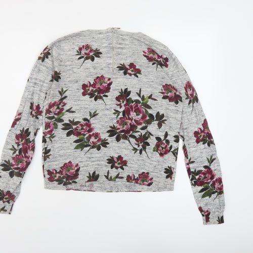 Oasis Womens Grey Round Neck Floral Cotton Pullover Jumper Size XS