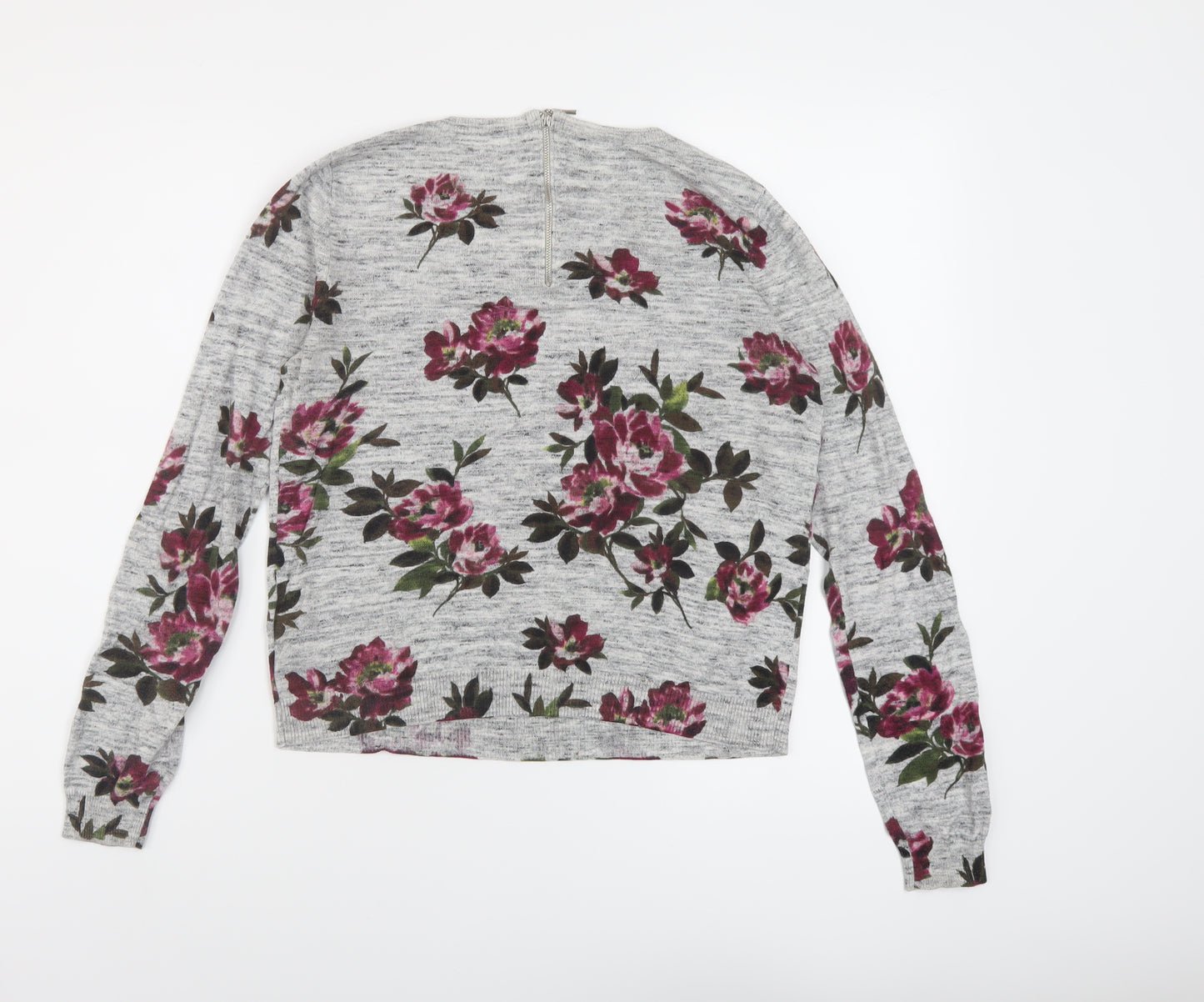 Oasis Womens Grey Round Neck Floral Cotton Pullover Jumper Size XS