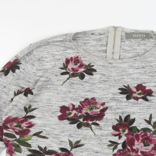 Oasis Womens Grey Round Neck Floral Cotton Pullover Jumper Size XS
