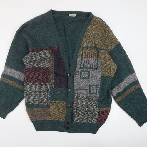 Collection Mens Green V-Neck Geometric Acrylic Cardigan Jumper Size XL Long Sleeve - Vintage