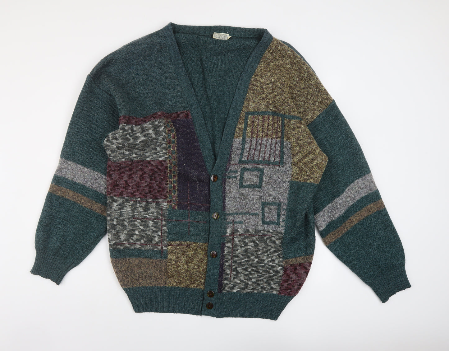 Collection Mens Green V-Neck Geometric Acrylic Cardigan Jumper Size XL Long Sleeve - Vintage