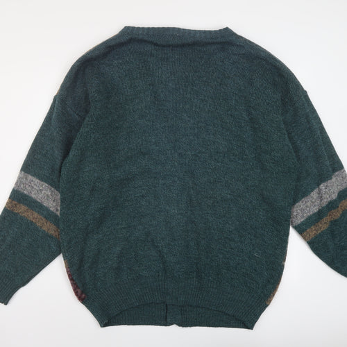 Collection Mens Green V-Neck Geometric Acrylic Cardigan Jumper Size XL Long Sleeve - Vintage