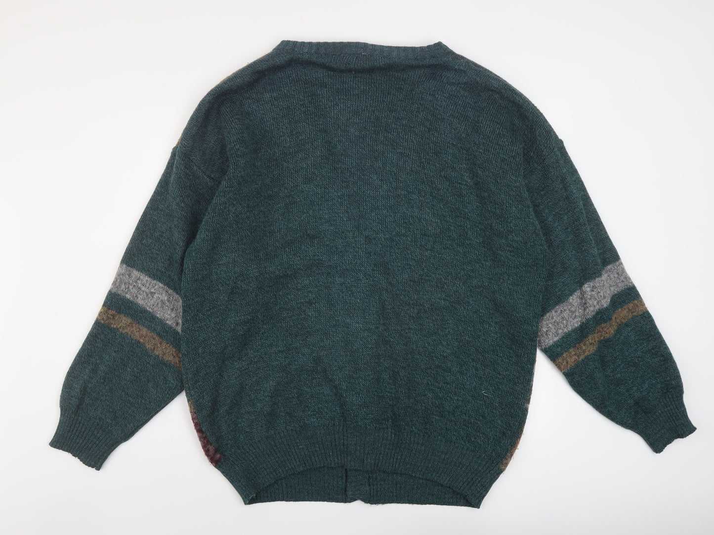 Collection Mens Green V-Neck Geometric Acrylic Cardigan Jumper Size XL Long Sleeve - Vintage