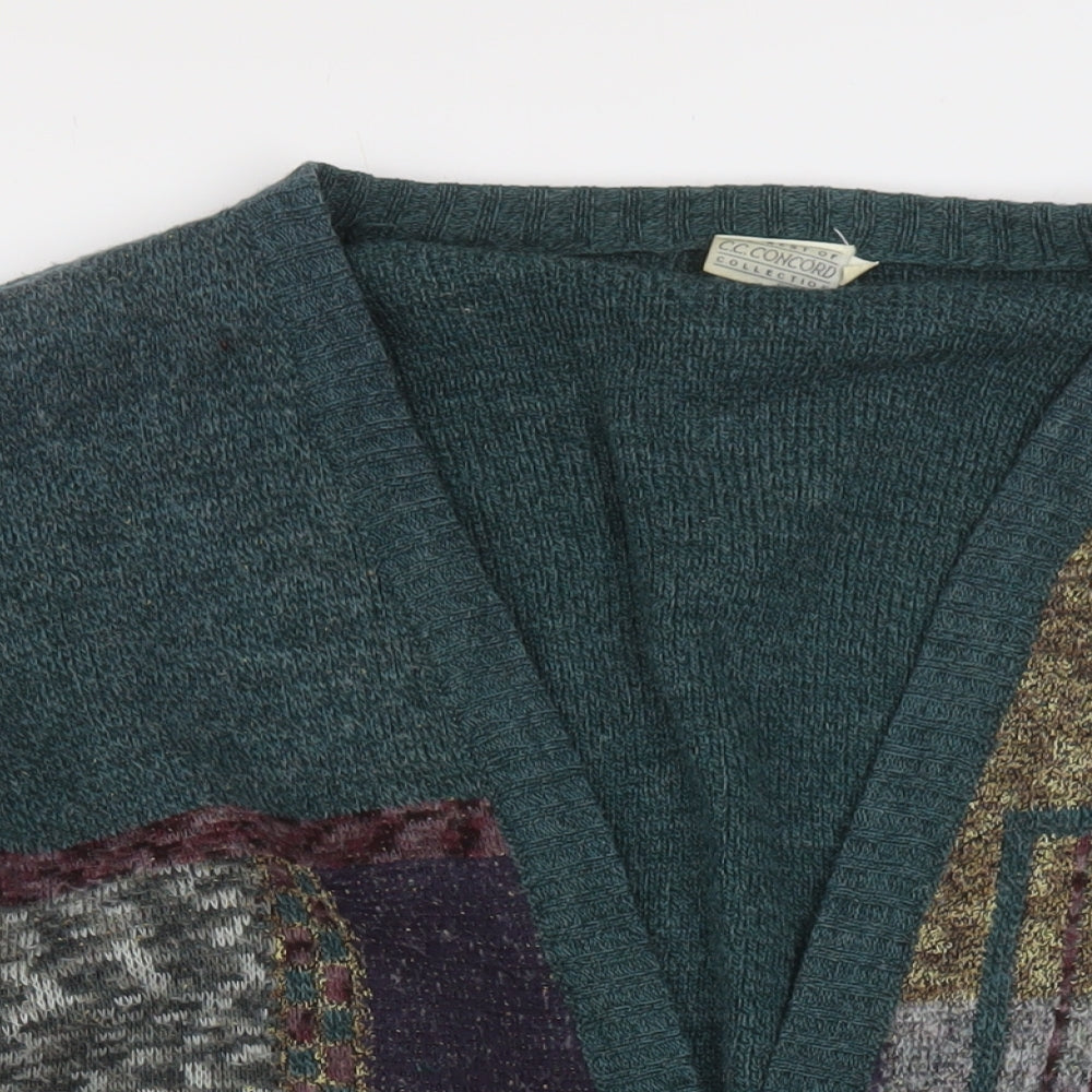 Collection Mens Green V-Neck Geometric Acrylic Cardigan Jumper Size XL Long Sleeve - Vintage