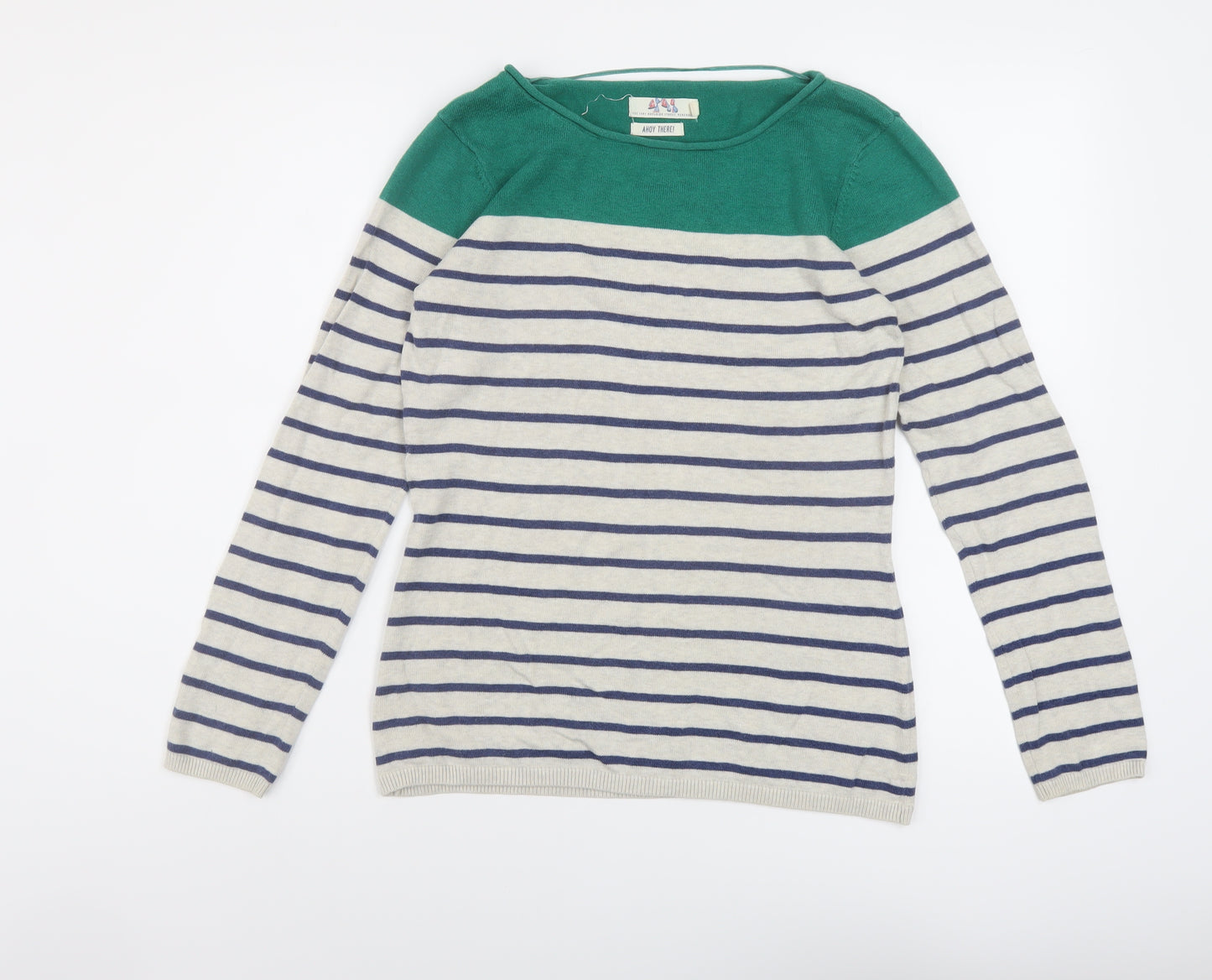 Ahoy There Womens Grey Boat Neck Striped Cotton Pullover Jumper Size 10