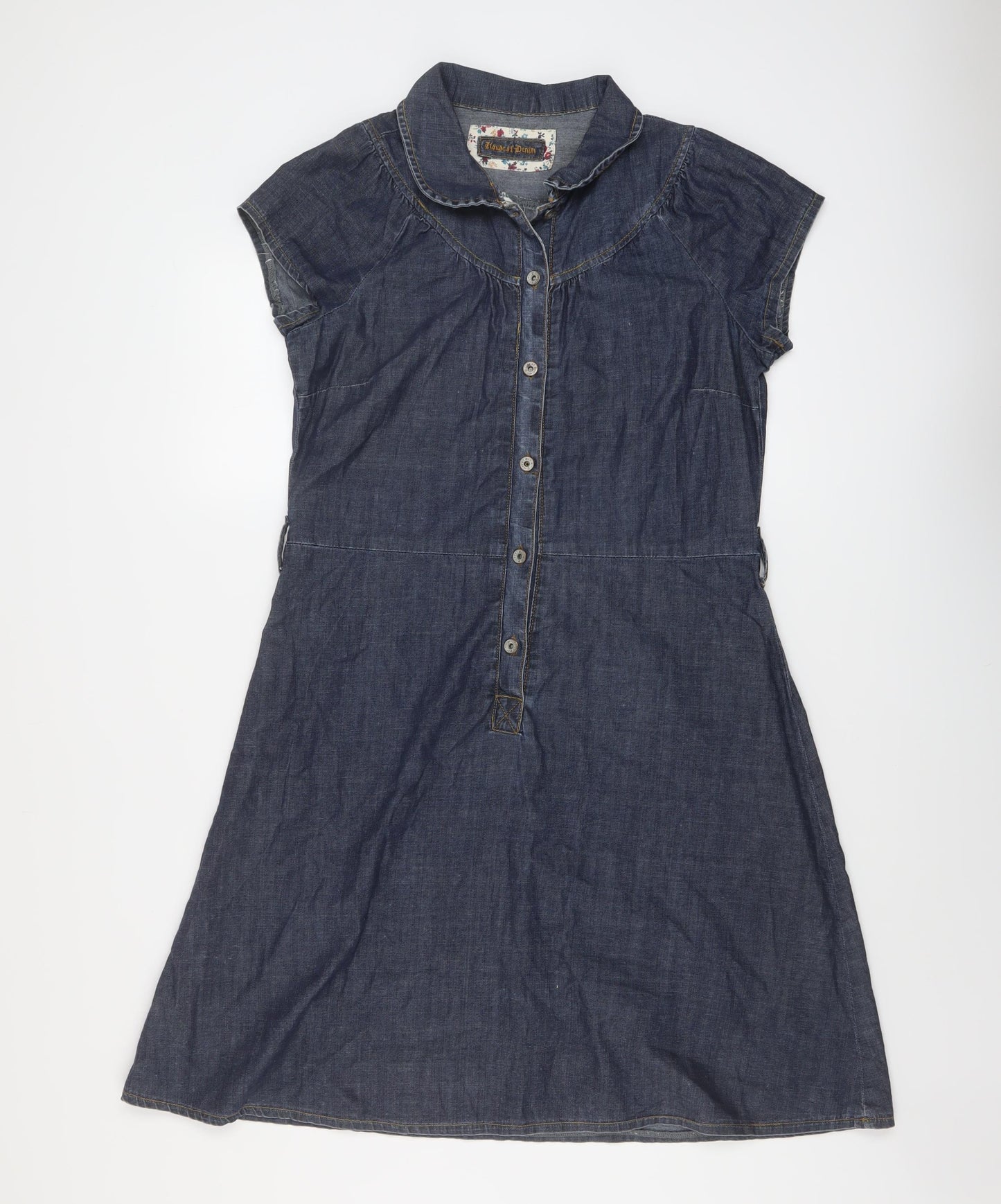House Of Denim Womens Blue Cotton A-Line Size 14 Collared Button